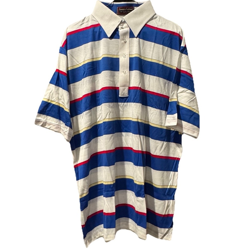 VTG Preppy Cotton Striped Polo Shirt Short Sleeve Blue Red White Men's‎ 2XL